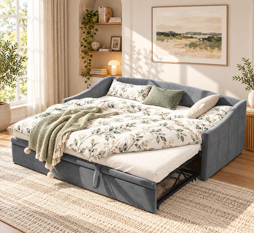 Grey velvet pull out - velvet, bed